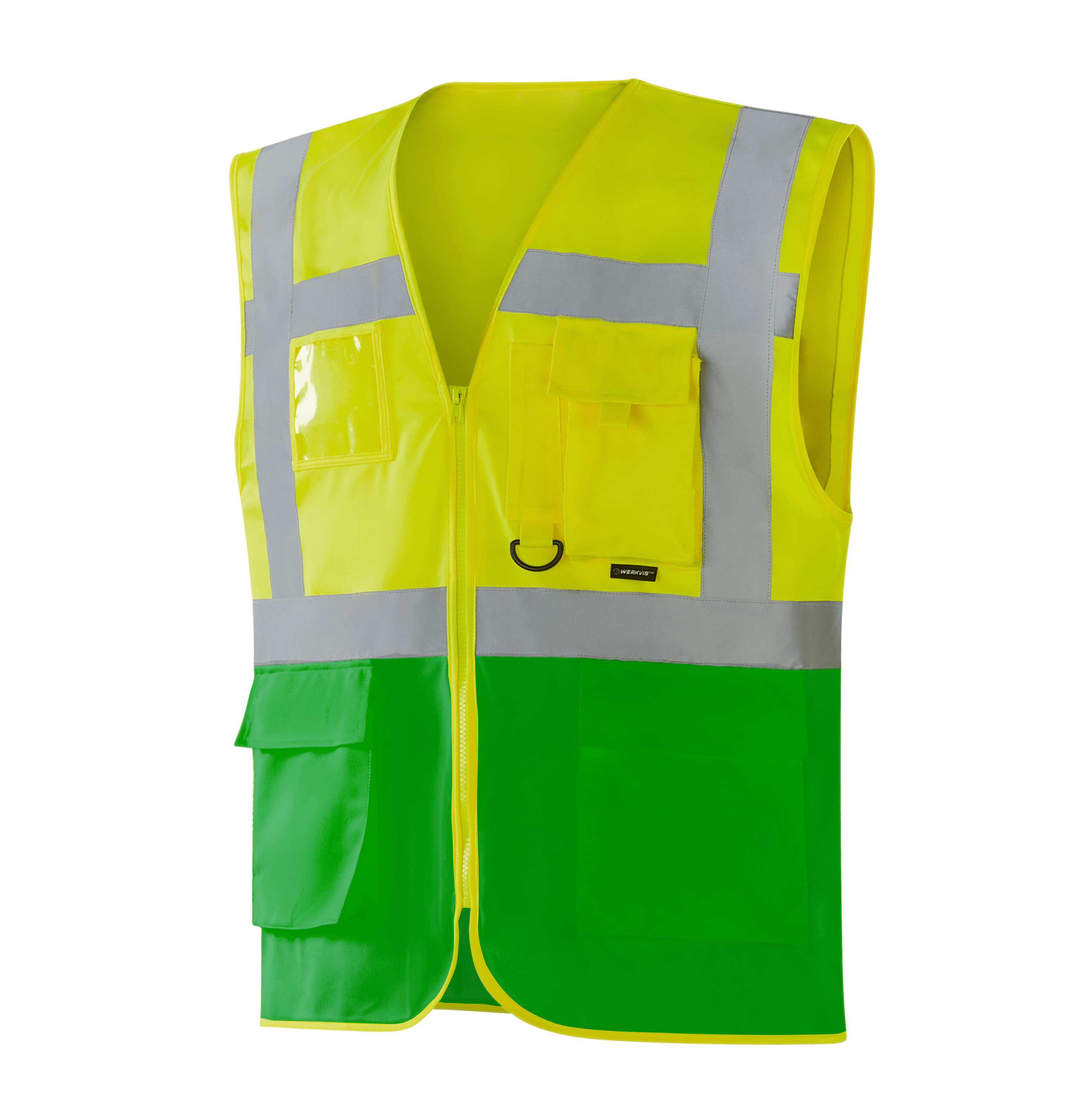 WV204 MALLORCA hi-vis yellow-green vest with pockets, pen holder, D-ring, transparent ID pocket, large lower flap pockets
